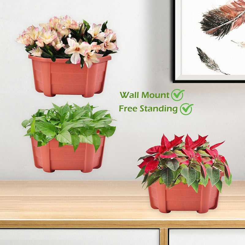 ORIMERC 9.8 inch 3 Pack Brick Red Wall Hanging Planters for Indoor Outdoor Plants Hanging Plant Holder with Drainage Hole Fence Balcony Planters Railing Hanging Pot Plant Wall Mount Decor with Hooks - Image 5